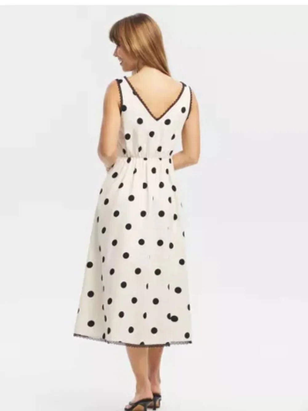 A New Day Lace Trim Cream Polka Dots Midi Dress Size S - Picture 2 of 12